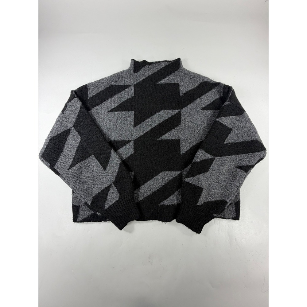Evereve Womens Black Grey Oversized Houndstooth Mock Neck Fuzzy Sweater Small